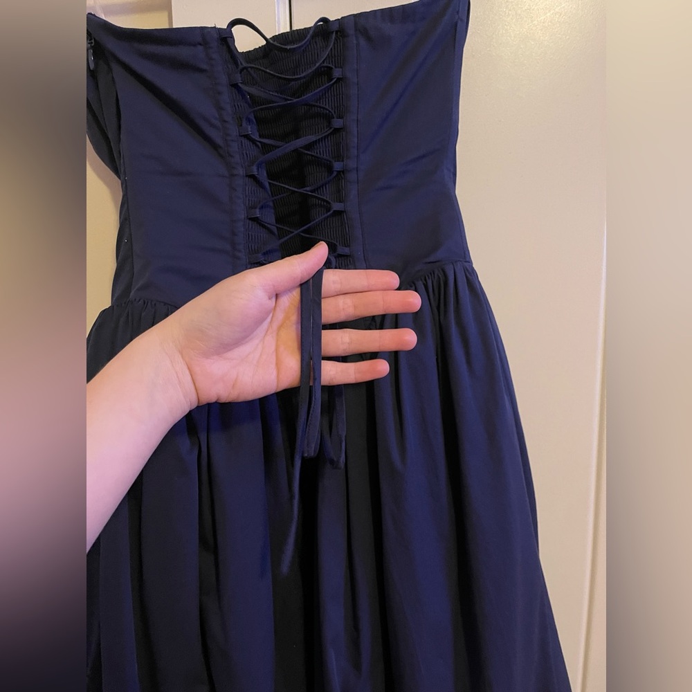 BabyBoo Darla Strapless Navy Midi Dress - Elegant Evening Dress - Picture 8 of 10